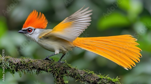 Spectacular Orange-crested Bird on Mossy Branch