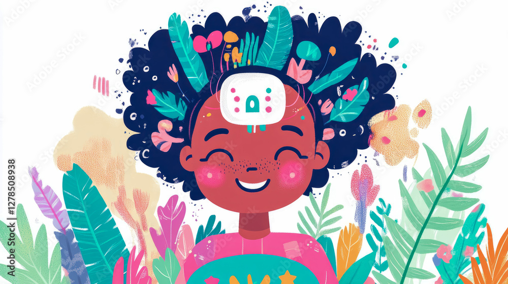 Obraz premium Whimsical portrait illustration of a smiling girl surrounded by vibrant foliage, promoting positivity and childhood wonder