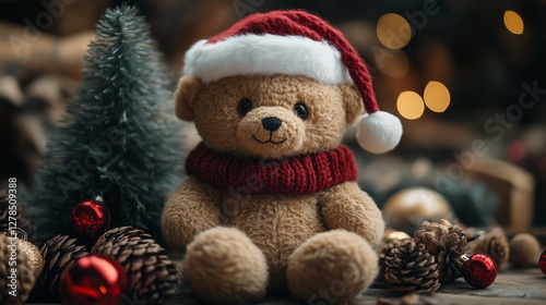 Teddy bear wearing Santa hat and Christmas tree