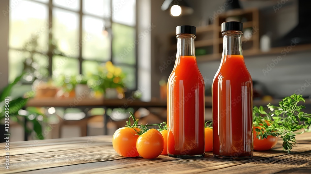Refreshing tomato juice bottles with oranges in a cozy kitchen setting Refreshing tomato juice bottles with oranges in a cozy kitchen setting