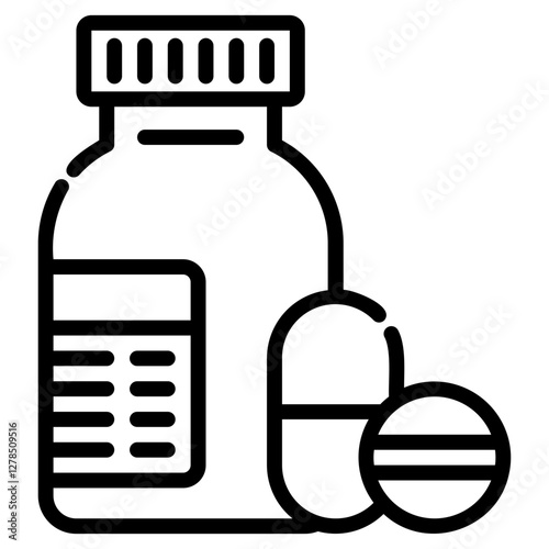 Pill bottle. This is a vector single icon with a dashed line style. It is suitable for any purpose, such as website design, mobile app design, logo design, etc.