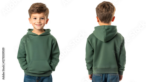 Portrait of a happy handsome american kid boy, wearing a green hoodie sweater and jeans, front and back view, mockup concept