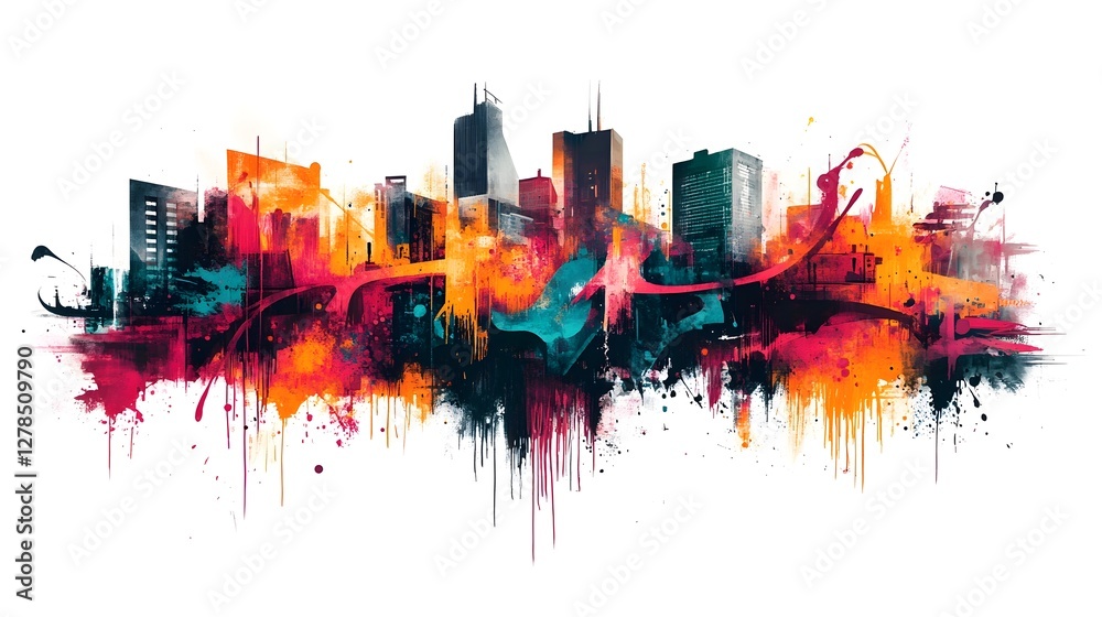 Obraz premium Vibrant Urban Cityscape with Colorful Architectural Skyline and Abstract Fluid Textures