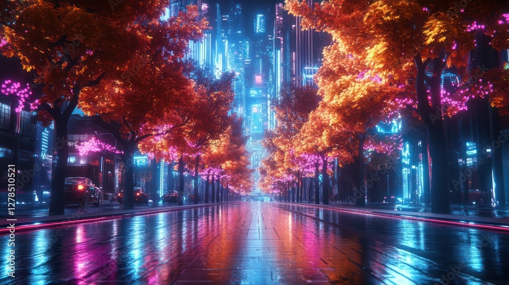 Naklejka premium Neon City Autumn Street, Night