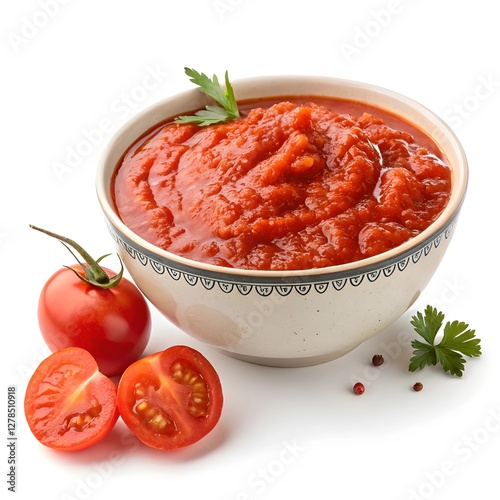A round bowl filled with vibrant thick red tomato sauce, set against a plain white background.