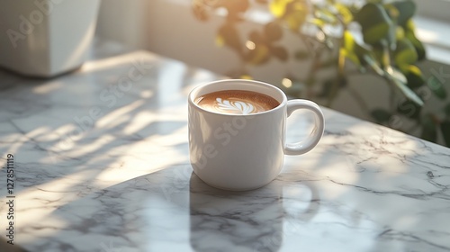 A warm morning coffee cup on a marble table with sunlight streaming in
