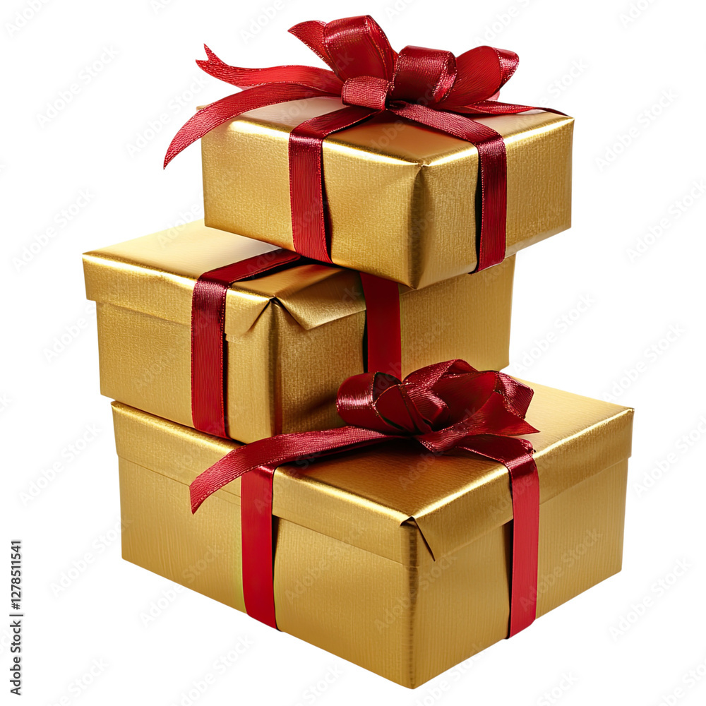 Fototapeta premium Golden gift boxes with red ribbons, stacked on top of each other, isolated on a Transparent background,
