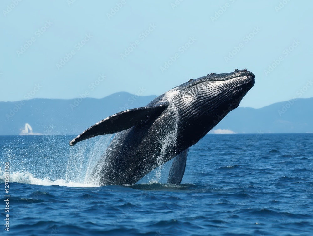 Fototapeta premium Humpback whale breaching and splashing in blue ocean water