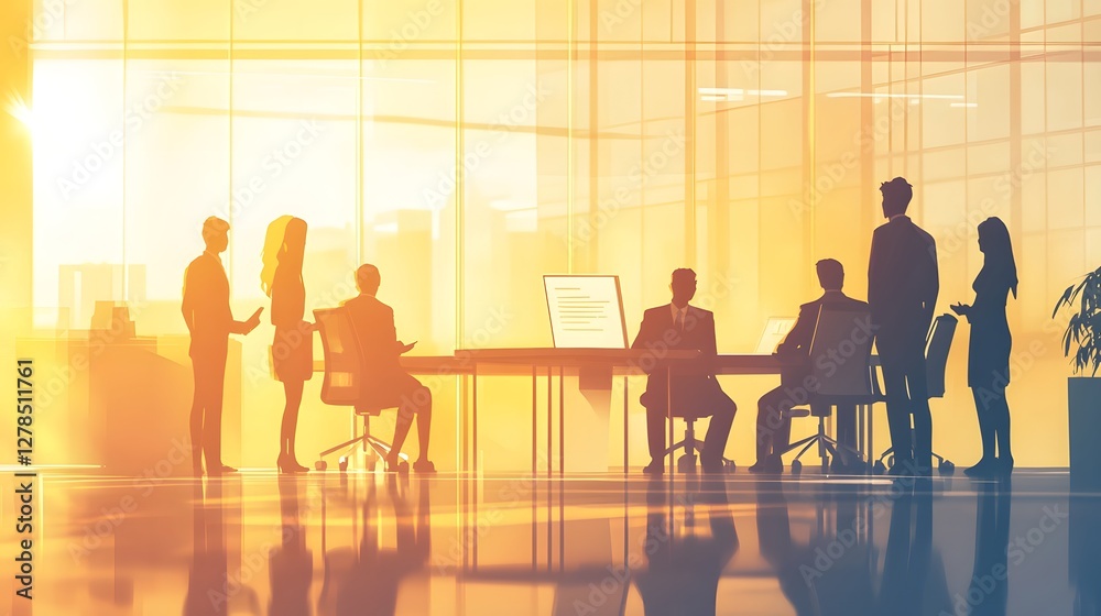 A group of business people in silhouette stand around an office table
A group of business people in silhouette stand around an office table
