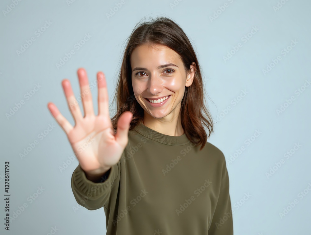 Smiling young woman making stop gesture with hand in studio Smiling young woman making stop gesture with hand in studio