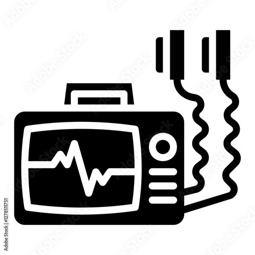 Defibrillator. This is a vector single icon with a solid style. It is suitable for any purpose, such as website design, mobile app design, logo design, etc.