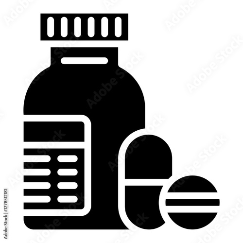 Pill bottle. This is a vector single icon with a solid style. It is suitable for any purpose, such as website design, mobile app design, logo design, etc.