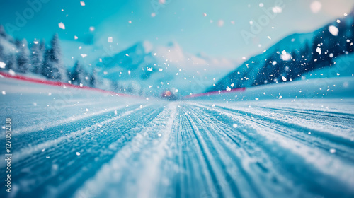 Winter sport: snow flurry on ski slope with mountain peaks; scenery for poster, print or card