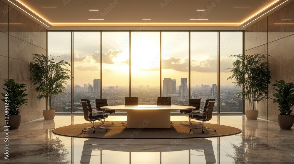 Fototapeta premium A modern conference room with panoramic city views, featuring a large round table, comfortable chairs, and plants, illuminated by a warm sunset glow.