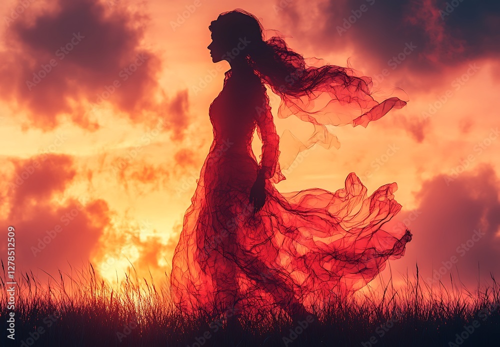 Silhouette of a Woman in a Flowing Red Dress Against a Vibrant Sunset
Silhouette of a Woman in a Flowing Red Dress Against a Vibrant Sunset