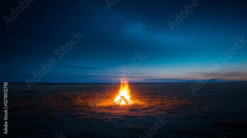 Campfire glowing warmly under a starlit sky in a quiet open field during twilight hours