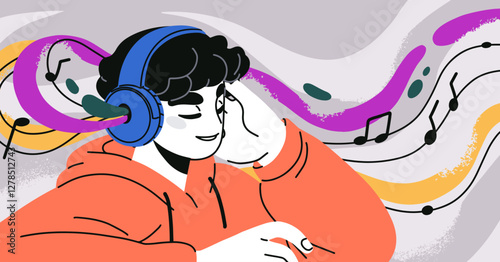 Happy young man in headphones listening and enjoying music. Inspired person with favorite melody, track, audio playlist, song in head phones with sound waves and notes. Flat vector illustration