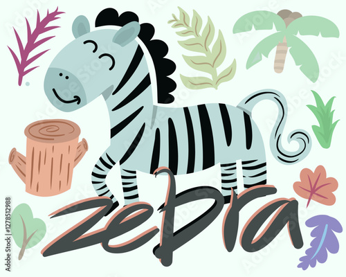 zebra illustration with wild life ambience for kids poster, book cover. Vector handrawn animals style