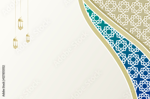 Ramadan Background with ornament arabic pattern and gradient blue color. Islamic celebration template with copy space.