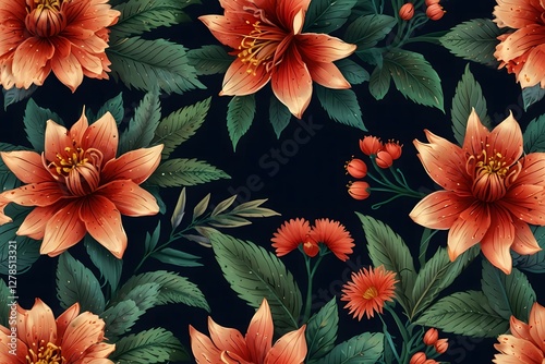 Lush Orange Floral Design Botanical Illustration Dark Background Seamless Pattern Vintage Flowers photo