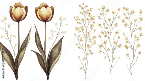 Beige and Brown Tulip and Delicate Flower Illustration