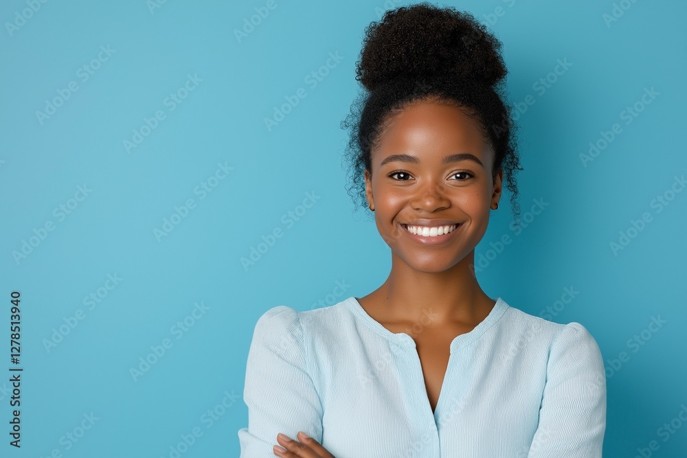 young Black woman in pastel-blue blouse smiling warmly with hands clasped confidently young Black woman in pastel-blue blouse smiling warmly with hands clasped confidently