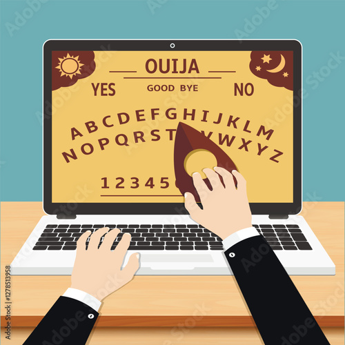 Online Ouija Board on laptop screen. Spiritual session online concept