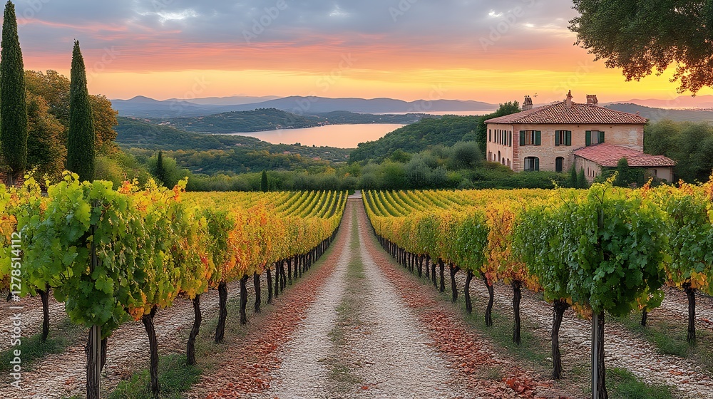 Fototapeta premium Vineyard at Sunset with House and Lake in Distance at Sunrise landscape scenic view
