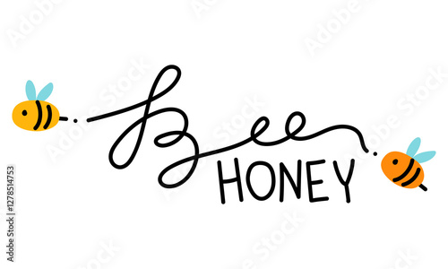 inscription is Bee honey with bees buzzing around. This design is reminiscent of the natural sweetness and purity of honey. Ideal for packaging, creating logos or branding natural, organic products