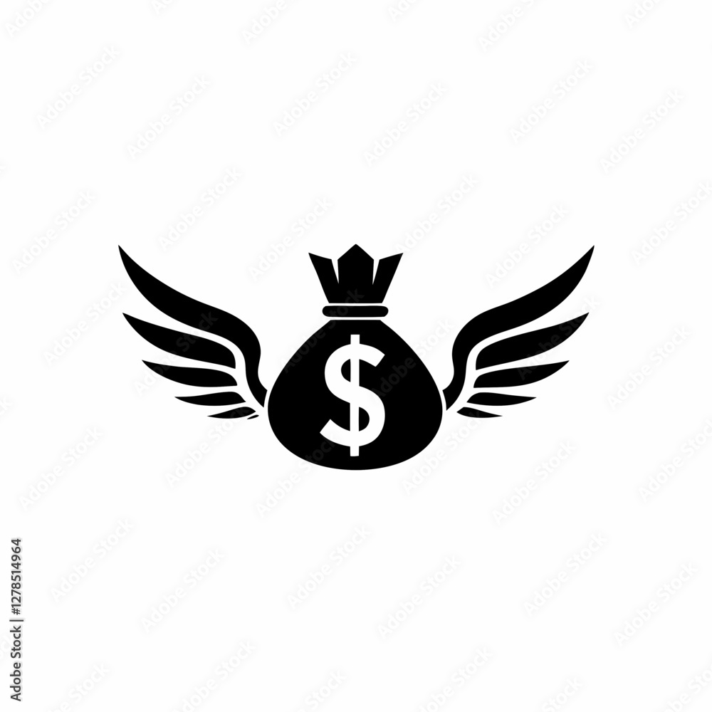 Financial Freedom Icon or logo, Money Bag with Wings Taking Flight Black Silhouette Financial Freedom Icon or logo, Money Bag with Wings Taking Flight Black Silhouette