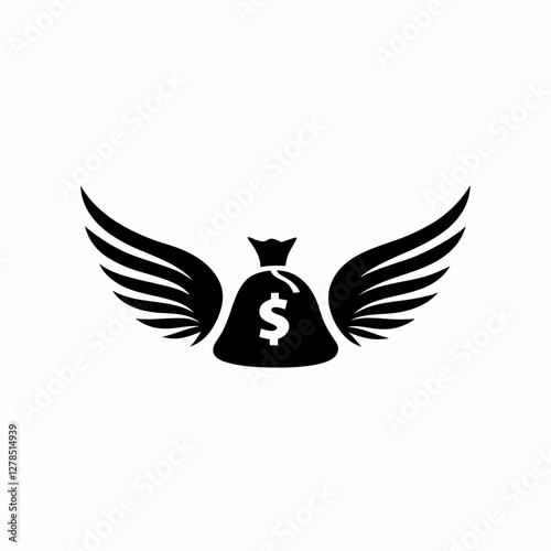 Financial Freedom Icon or logo, Money Bag with Wings Taking Flight Black Silhouette