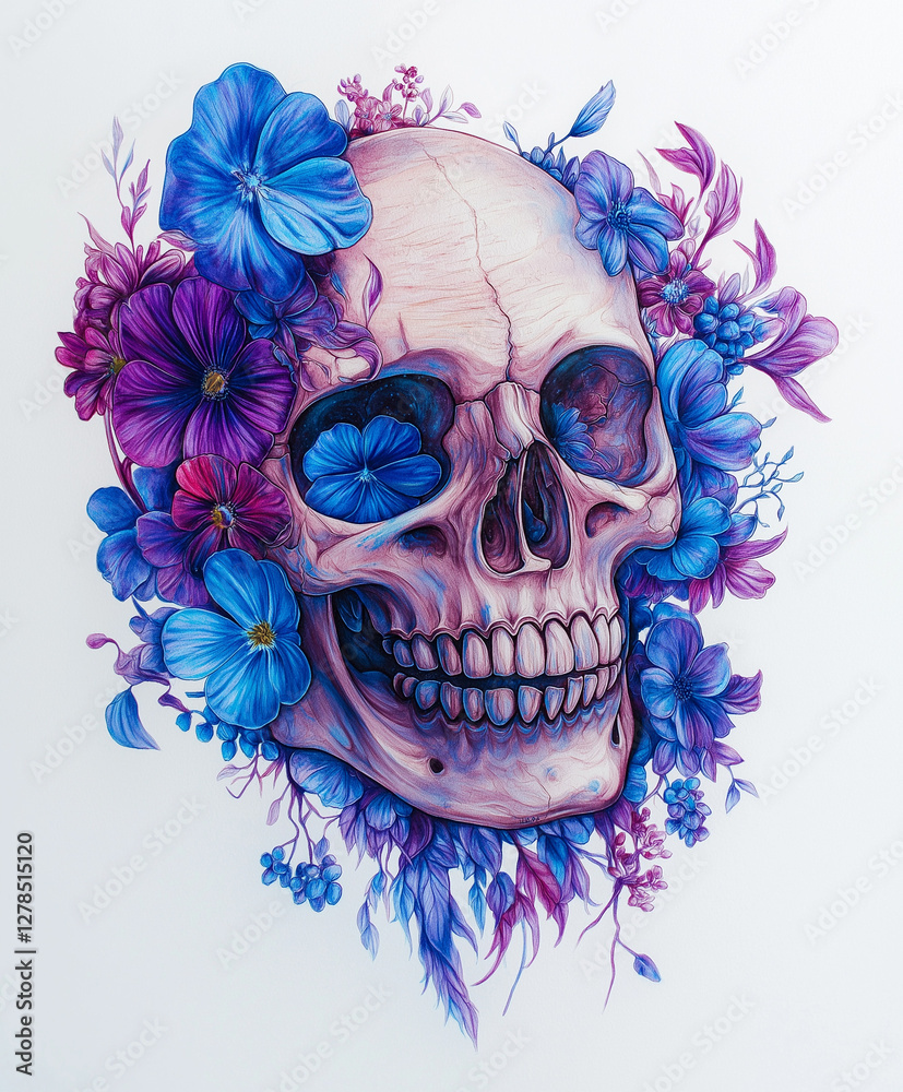Fototapeta premium Colorfull skull wirh blue and purple flowers