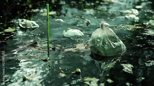 Close-up of a shadowy pond, its murkiness accentuated by scattered stones and floating detritus on the rippled surface