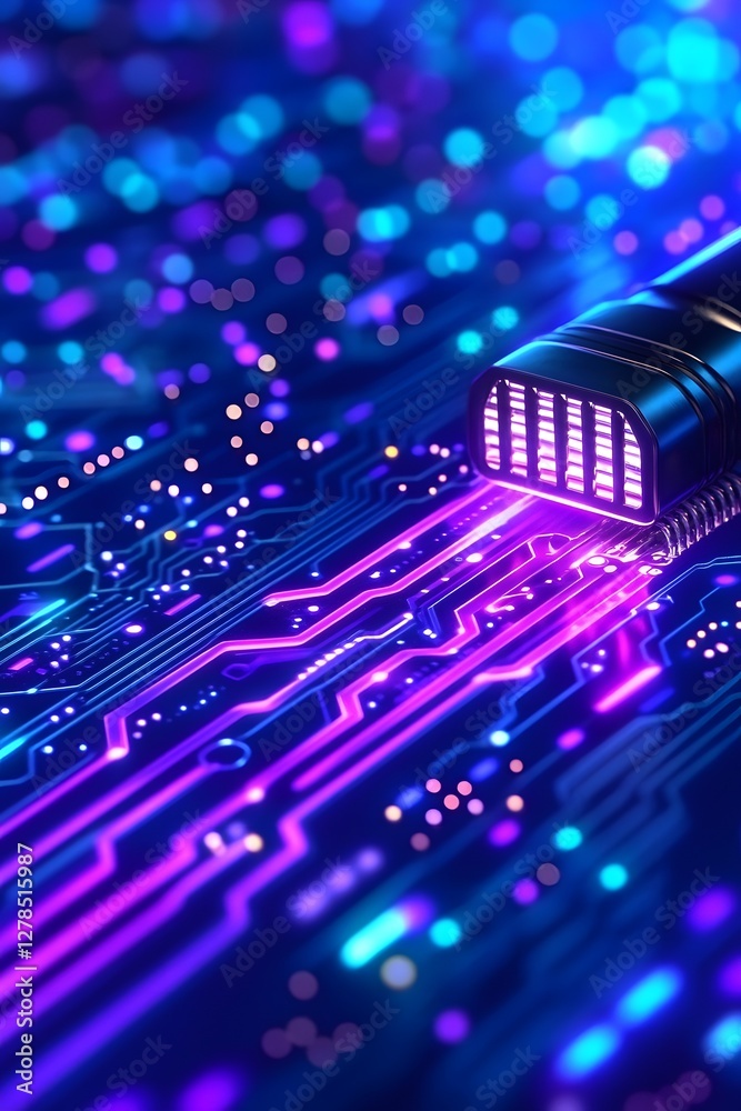 Obraz premium Futuristic digital circuit technology with vibrant blue and purple lights abstract art high-tech environment close-up view