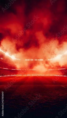 Dramatic football stadium illuminated by red lights and smoke
