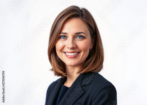 A smiling businesswoman in a suit, fair skin, sharp focus, isolated on a white background