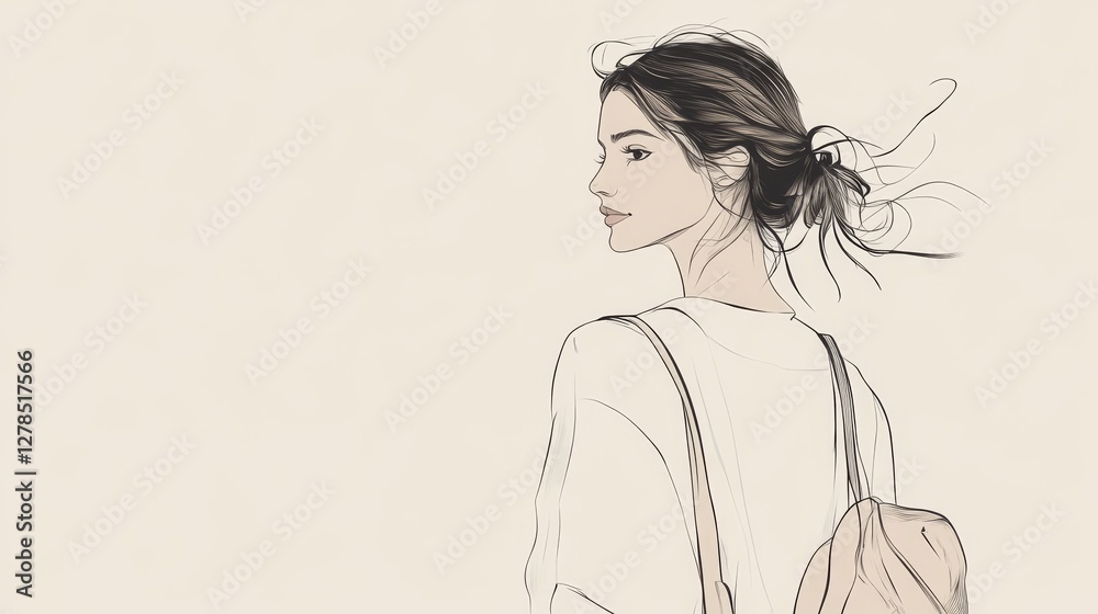 Elegant Woman with Windblown Hair and Backpack in Minimalist Style Elegant Woman with Windblown Hair and Backpack in Minimalist Style