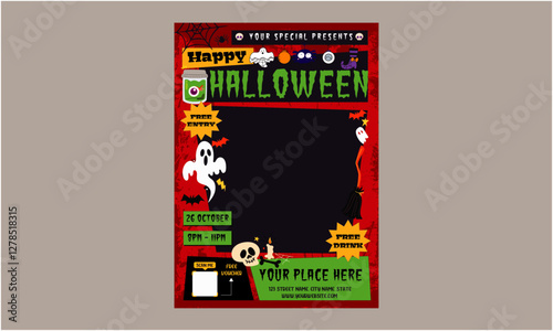 Halloween Flyer. Halloween costumes masquerade party flyer with witch hat silhouette and bats. Black and magenta design. Perfect for Halloween invitations, event promotion or party decorations.