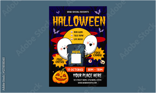 Halloween Flyer. Halloween costumes masquerade party flyer with witch hat silhouette and bats. Black and magenta design. Perfect for Halloween invitations, event promotion or party decorations.