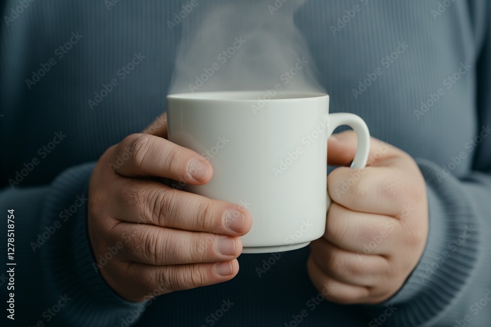 person in cozy blue sweater holding steaming mug of tea or coffee person in cozy blue sweater holding steaming mug of tea or coffee