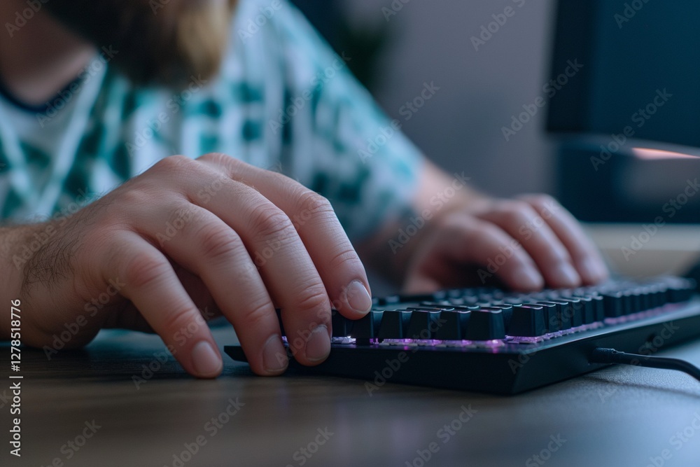 close up of programmer in graphic T-shirt typing on mechanical keyboard close up of programmer in graphic T-shirt typing on mechanical keyboard