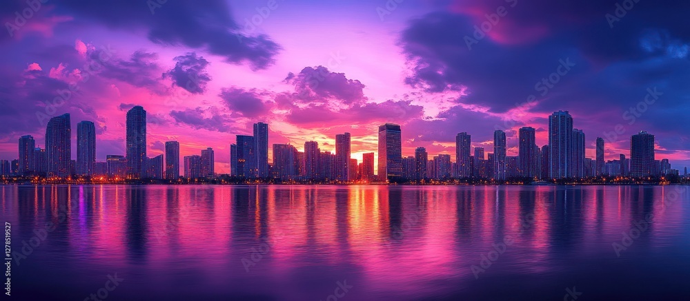 Fototapeta premium Cityscape sunset waterfront reflection
