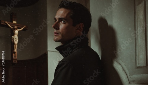 A solemn man stands inside a dimly lit church, looking contemplative with a crucifix in the background, symbolizing faith, reflection, and devotion during Holy Week. photo