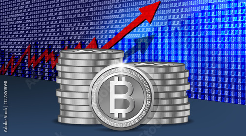Vector financial economic graph. Bitcoin cryptocurrency value growth. 3d silver, nickel stacks of coins. Digital commerce. Currency and blockchain. Electronic trading.