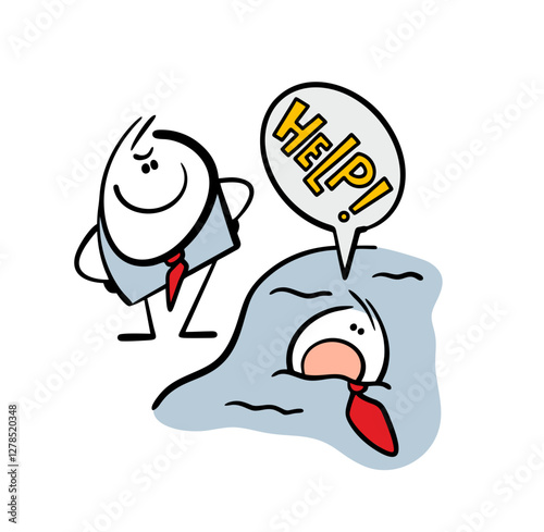 Satisfied businessman looks at an unhappy colleague. Vector illustration of man drowning and calling for help. Competition in business. Isolated funny character on white background.