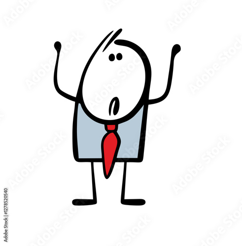 Insecure businessman raised his hands, surrendering to the mercy of the enemy. Vector illustration of a bank robbery, a stickman suffering,  loser. Financial problems. Isolated funny character.