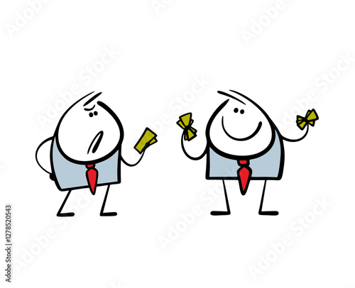 Two businessmen compare profits. Vector illustration of office employee receiving a salary. A loser is jealous of a rich man. Isolated funny characters on white background.