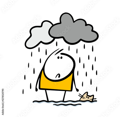 Sad stickman stands in the water and looks at a drowning cat. Vector illustration of dark clouds, heavy rain. Confusion of feelings, depression, autumn. Isolated funny characters on white background.