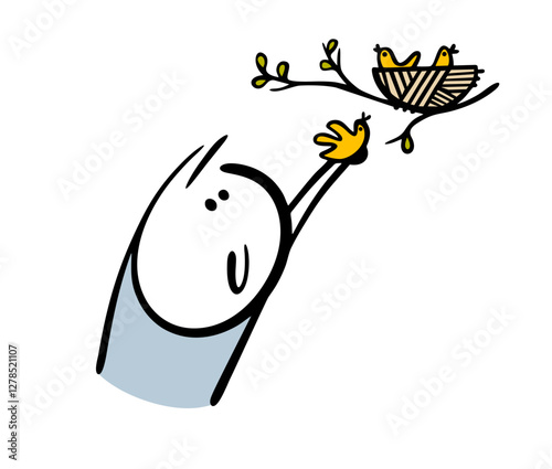 Caring teenager reaches for a tree branch, puts the unfortunate chick in the nest. Vector illustration of a man helping birds and animals, protecting nature. Isolated funny character on white.