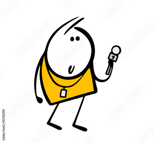 Reporter from a TV channel or Internet portal holds a microphone and interviews a popular person. Vector illustration of current information and latest news. 
